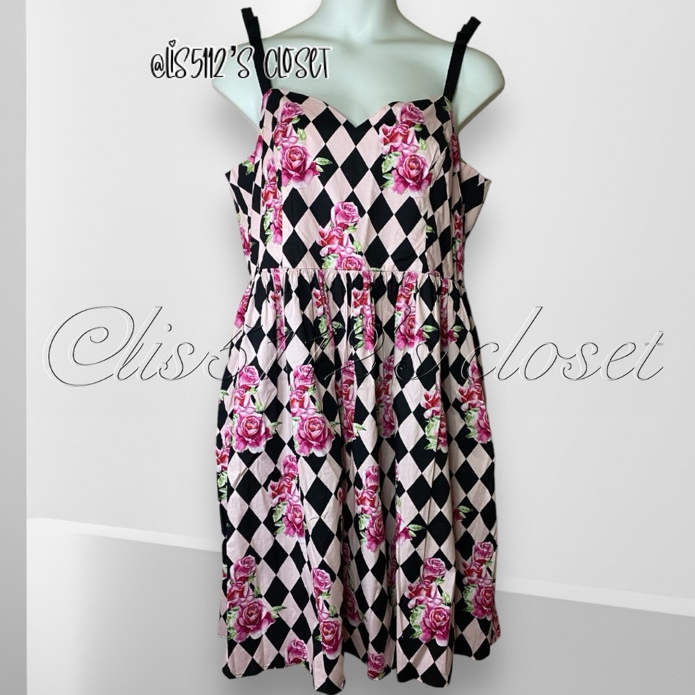 Hell Bunny Pink & Black Harlequin Rose 1950’s Pinup Swing Dress 4X UK22 fits 3X - Picture 4 of 15